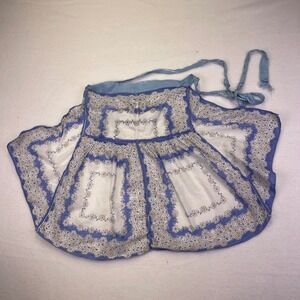 Vintage Half‎ Apron Blue White Floral Embroidered Kitchen Hostess 1950s